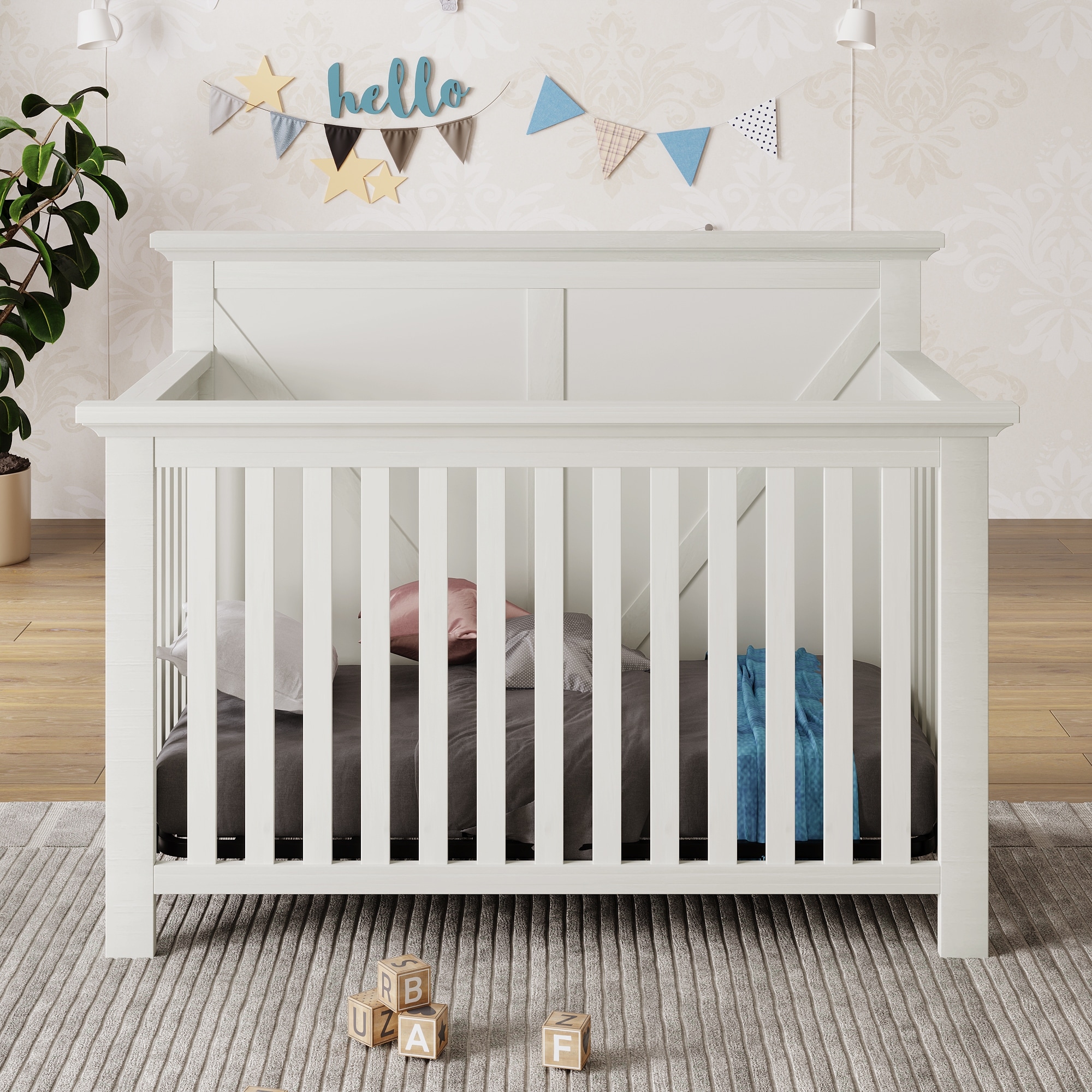 Rustic Farmhouse Style Whitewash 4 in 1 Convertible Baby Crib
