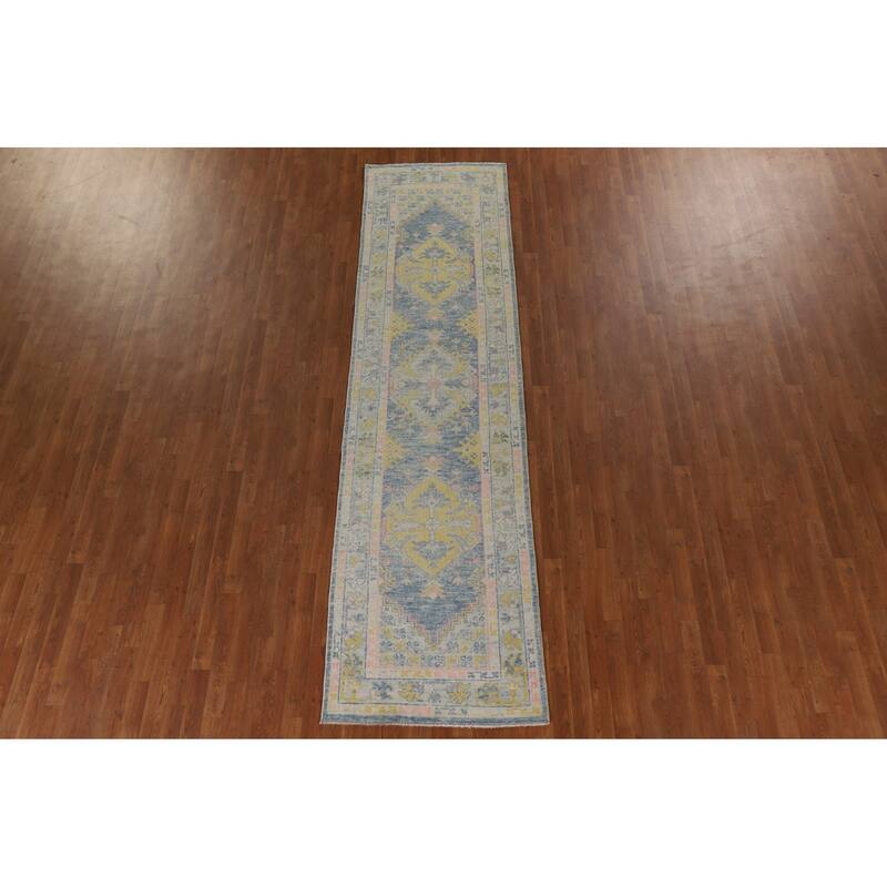 Vegetable Dye Oushak Turkish Runner Rug Handmade Wool Carpet - 3'0"x 11'9"