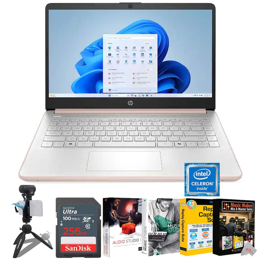 HP 14" Laptop Intel Celeron N4500 - 4GB Memory, 64GB eMMC Rose Gold + 256GB Card + Sennheiser Pro MKE 200 Mobile Kit + Software