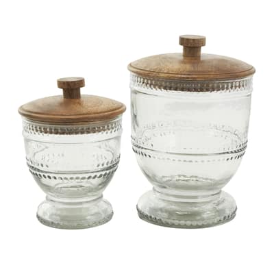 Glass Beaded Living Room Decorative Jars with Wood Lids - Set of 2 Clear - Roche River Decor