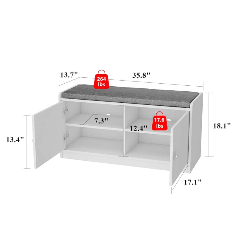 35.8"W White Storage Bench with Drawers and Padded Seat Cushion