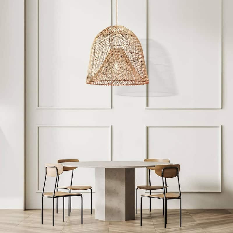 Santa Barbara Rattan Pendant Light - Natural Dome 1-Light Handwoven Light Fixture For Modern, Coastal, Farmhouse Room Décor.