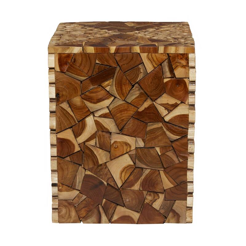 Brown Teak Wood Handmade Square Block Side End Accent Table with Mosaic Wood Chip Design