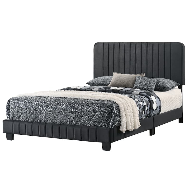 Full Size Velvet Channel-Tufted Platform Bed with Contemporary Design and Wooden Slat Support - Black