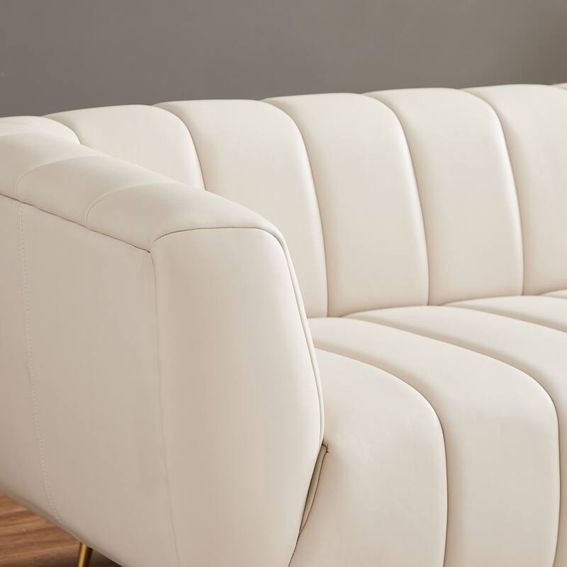 Clovis Mid-Century Modern Furniture Style Upholstered Leather Couch in Cream