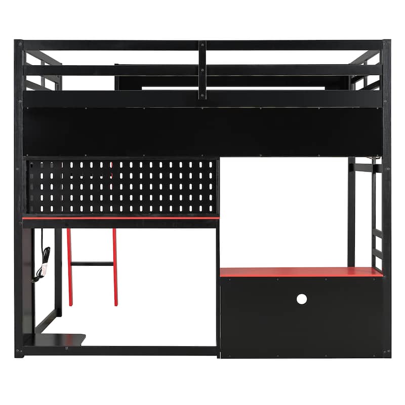 Gaming Loft Bed Full Size Wood Loft Bed with Pegboard PC Desk Computer Case Stand Charging Station LED Lights for Gamers