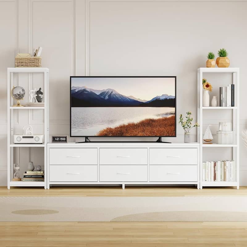 Entertainment Center TV Stand with 6 Drawers and Bookshelves for Living Room - White
