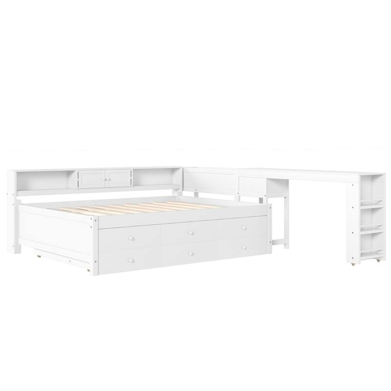 Full/Twin Daybed with Trundle & Storage Drawers - Wood Frame with Side Shelves and Desk