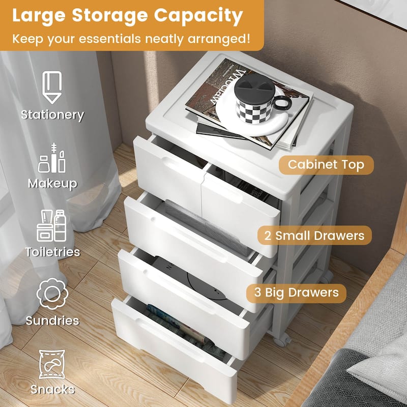 Costway 2 PCS 5-Drawer Plastic Rolling Storage Cart with 4 Universal - See Details