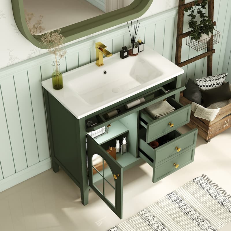 35.6-Inch Mid-Century Bathroom Vanity Sink with Patterned Glass & Motion-Sensor Light Strip, High-End Vanity Cabinet
