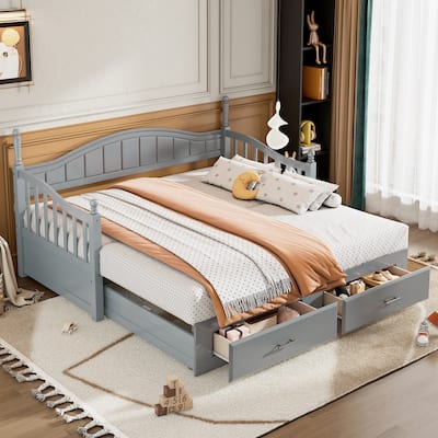Gray Twin Size Wooden Daybed with Two Storage Drawers and Trundle for Bedroom