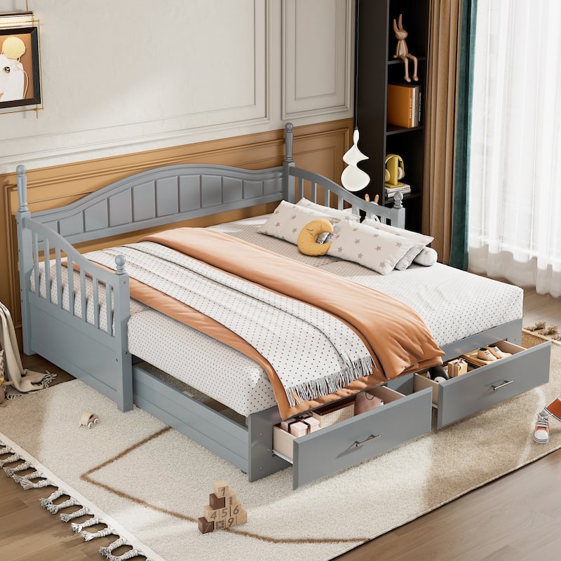 Twin Size Wooden Daybed with Two Storage Drawers and Trundle for Bedroom - Gray