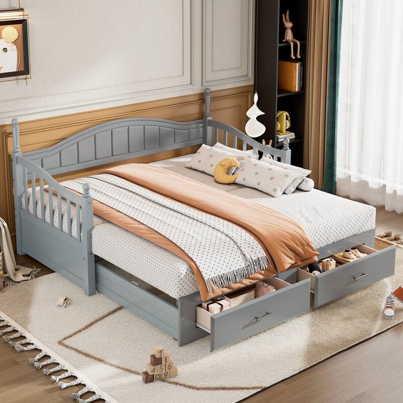 Wooden Twin Size Daybed with Twin Size Trundle, Extendable Daybed with Two Storage Drawers, Espresso - Grey