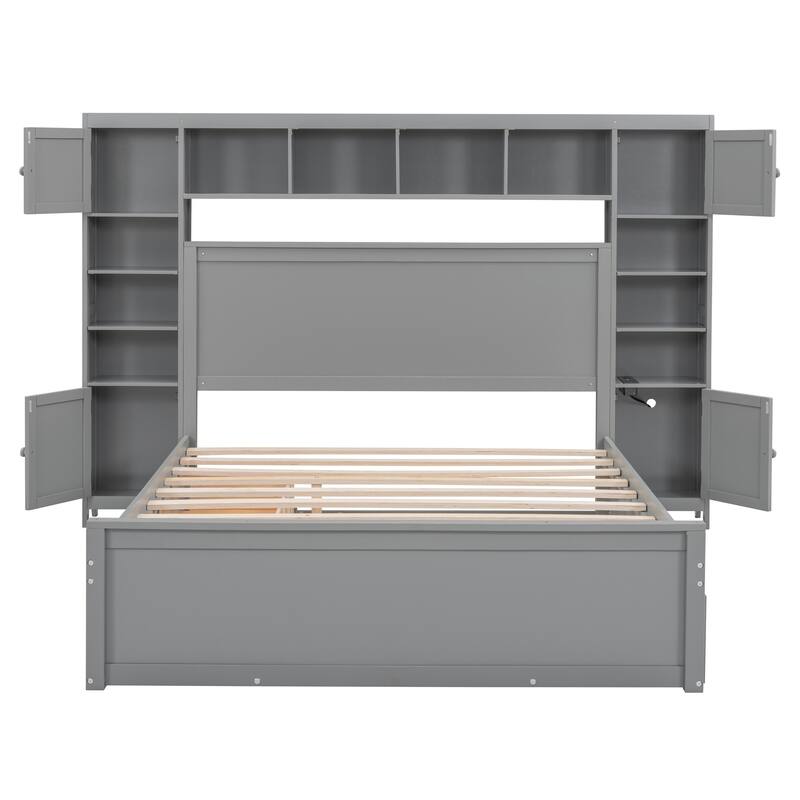 Wood Platform Bed with All-in-One Cabinet and Shelf, Slat Support Bed Frame, Storage Headboard with 10 Shelf Cubes & 4 Cabinets