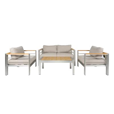 Roomfitters Modern Outdoor Patio Sofa Set, Aluminum Frame with Cushions & Wood-Style Table, Beige+Silver