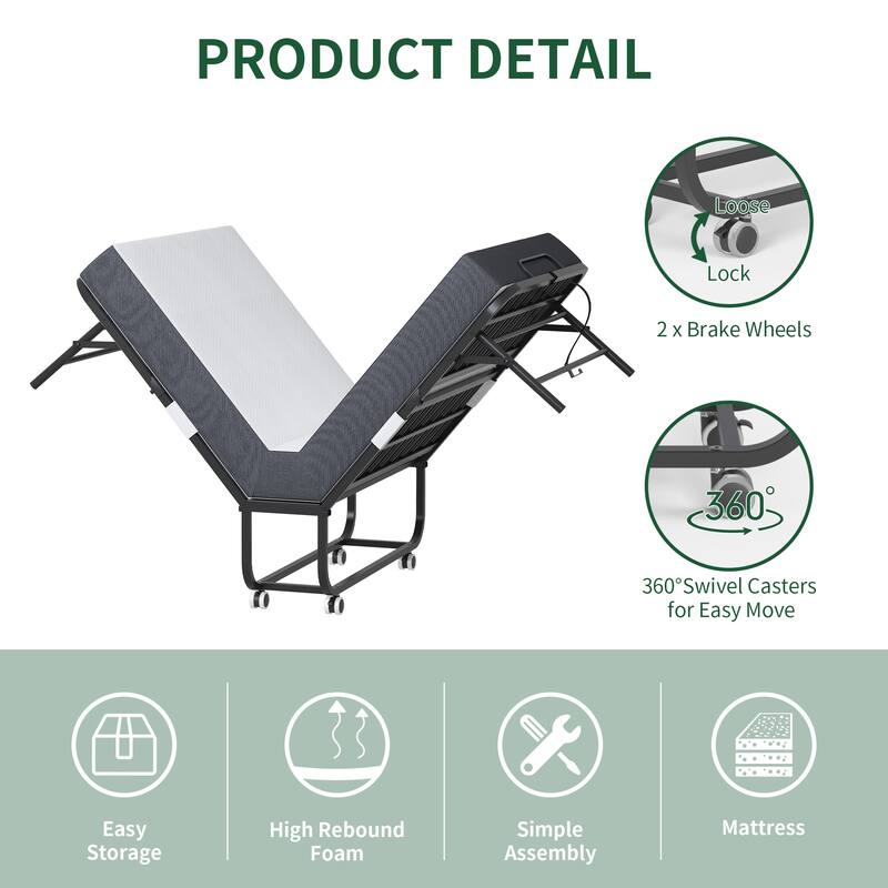 Twin Folding Bed with 3.7" Memory Foam Mattress, Portable Foldable Extra Bed, Rollaway Bed for Guests