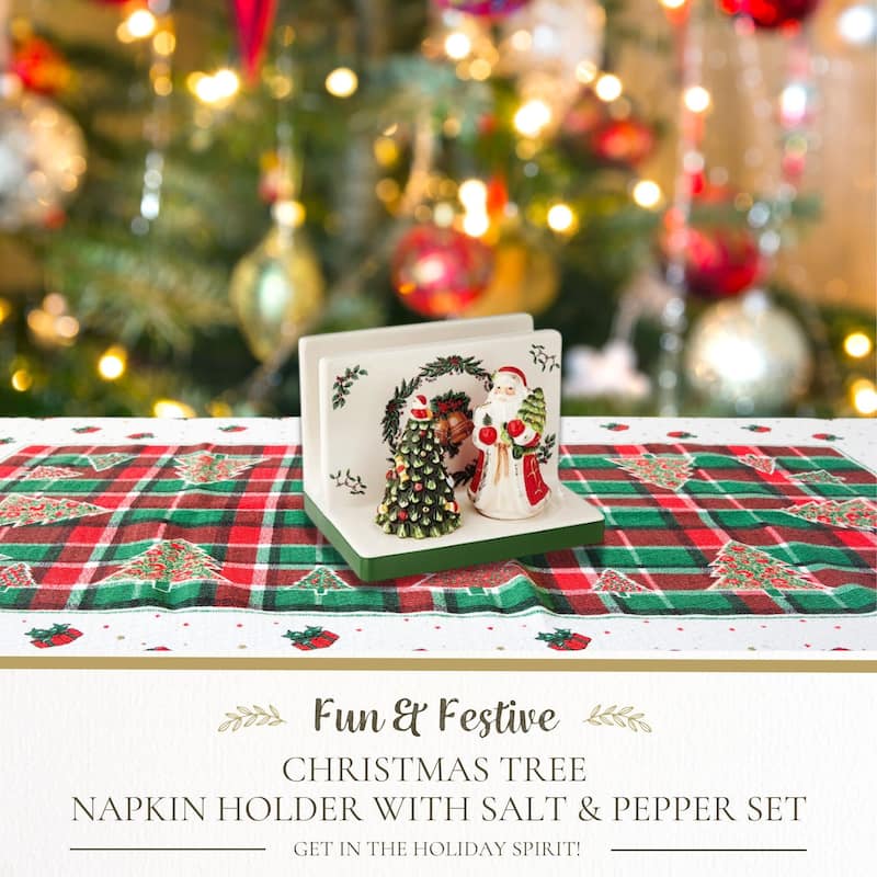 Spode Christmas Tree Napkin Holder with Salt and Pepper Set - 5.3" L x 5.3" W x 7" H