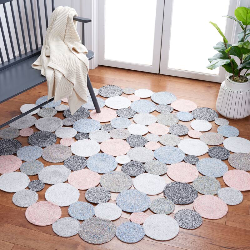 SAFAVIEH Handmade Cape Cod Zumrud Farmhouse Polyester Rug - 6' Round - Blue/Pink