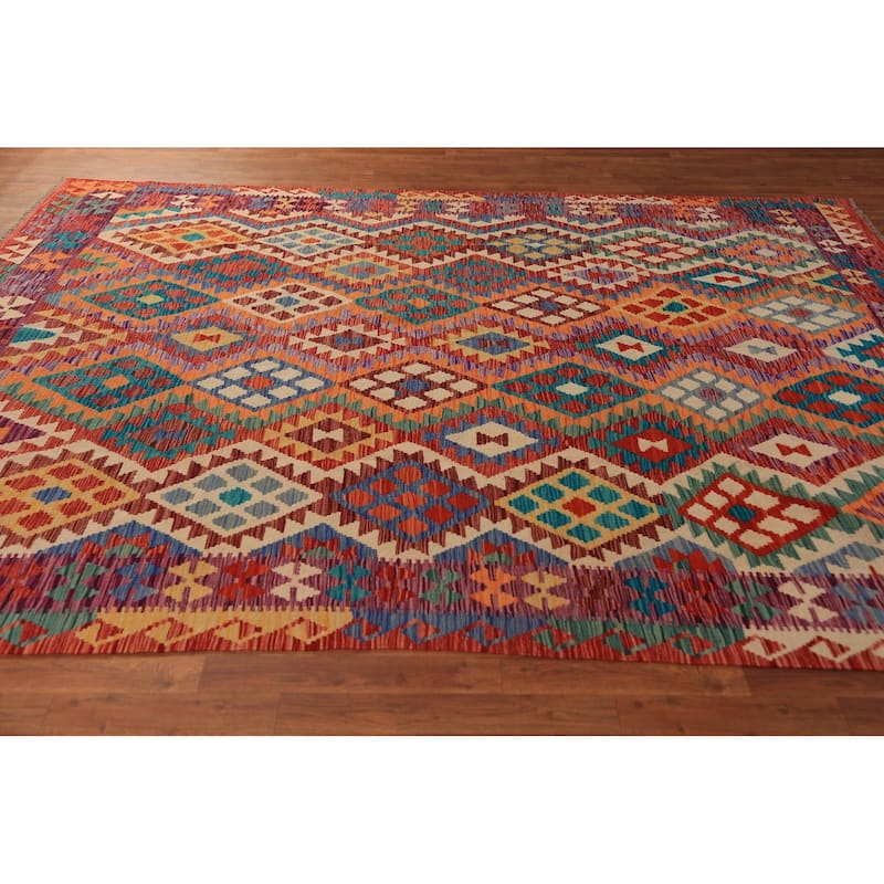 Colorful Kilim Oriental Area Rug Flatweave Orange Wool Carpet - 7'9"x 10'2"