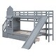 preview thumbnail 46 of 64, Twin over Twin Size Solid Wood Castle Style Bunk Bed with 2 Drawers 3 Shelves and Slide for Kids, Bedroom