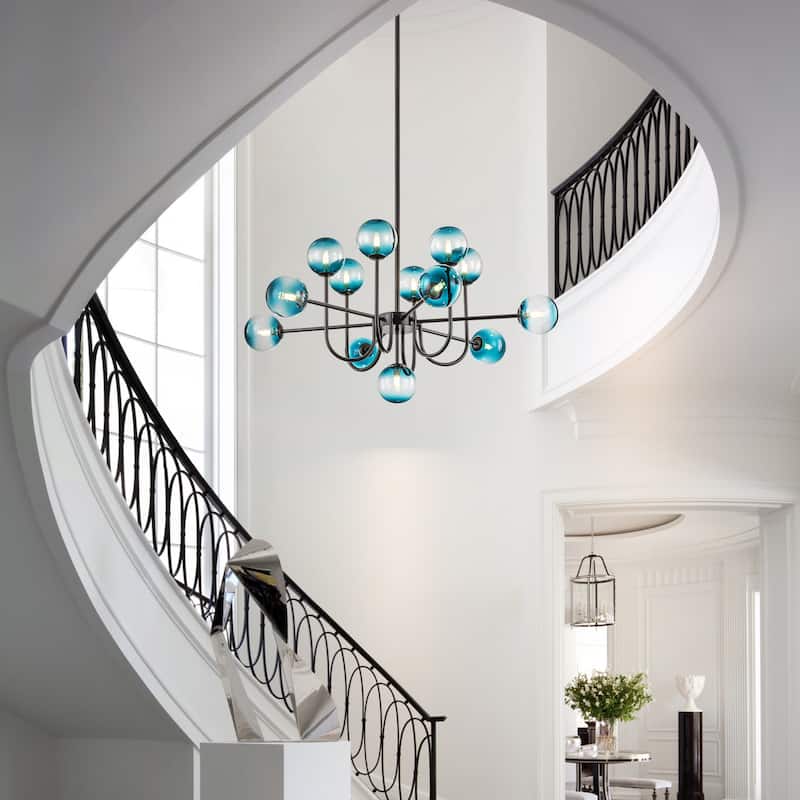 13-Light Mid-Century Modern Gold/Black Linear Sputnik Gradient Blue Glass Globe Bubble Chandelier for Living Room