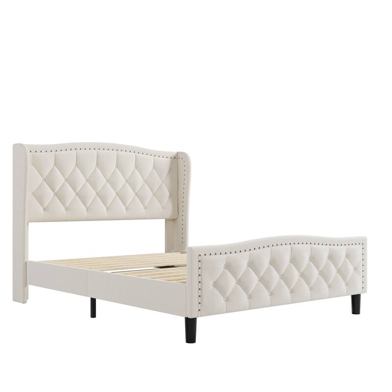 Modern Upholstered Queen Size Platform Bed with Wingback Headboard, Velvet Frame, Wood Slat Support, Easy Assembly