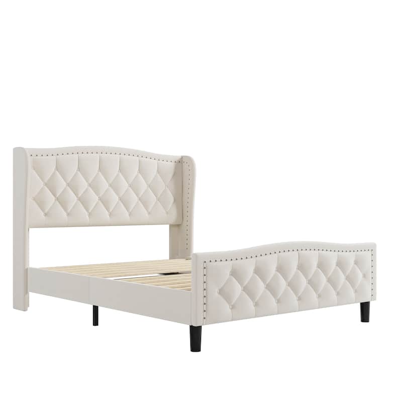 Modern Upholstered Velvet Platform Bed with Wingback Headboard and Wood Slat Support