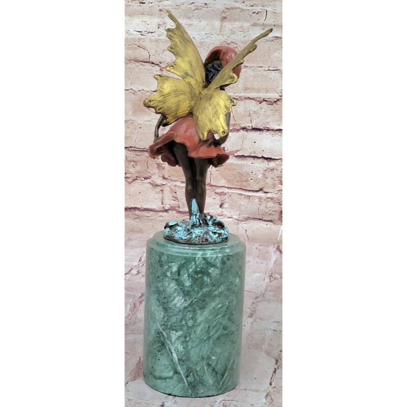 Bronze Metal Figure Of Young Fairy Angel Winged Girl On Green Marble Base