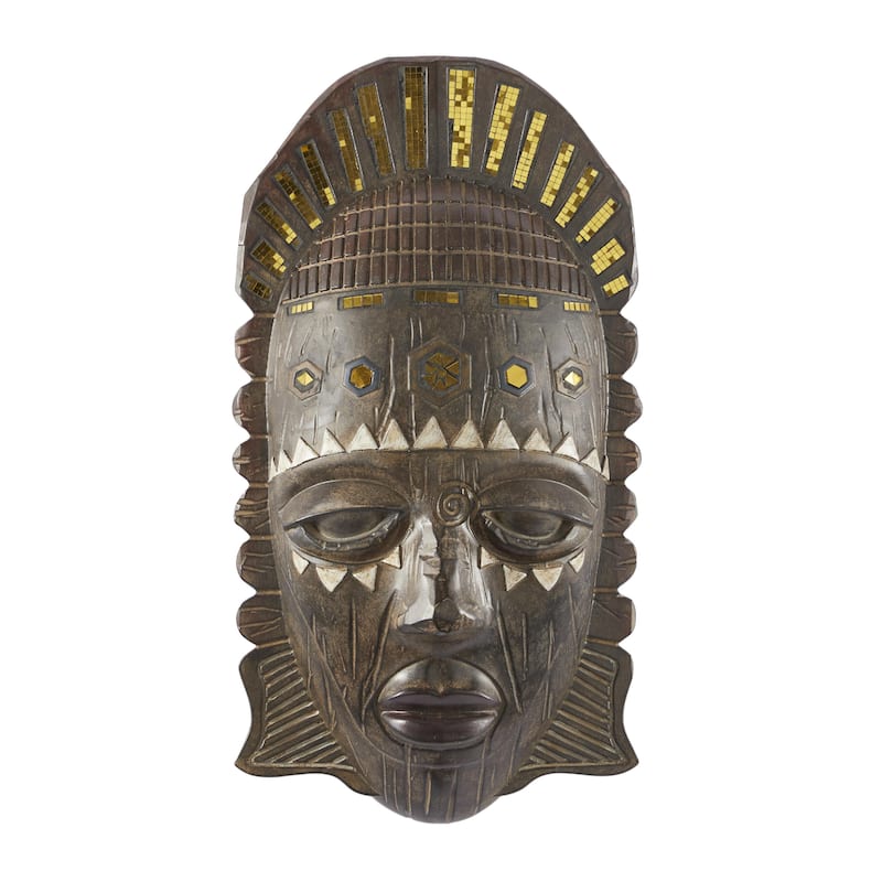 Polystone Mask African Tribal Home Wall Decor with Mirrored Gold Accents - Brown - Roche River Decor - Brown - 11"W, 6"H
