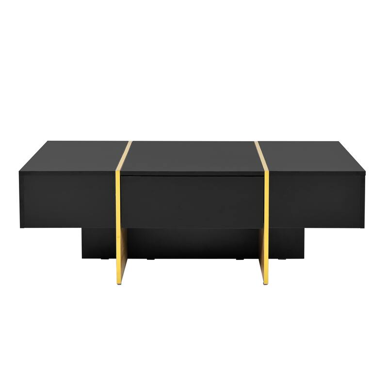 47.2" High Glossy Coffee Table with 2 Drawers and Golden Wood Grain Legs