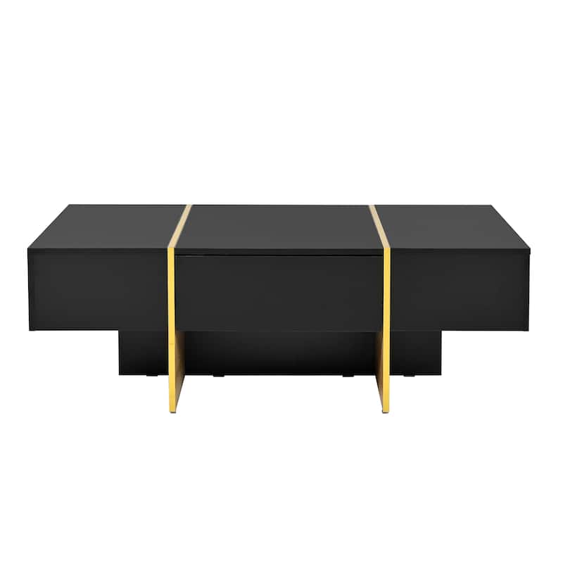 Roomfitters Modern High Gloss Coffee Table with Golden Wood Grain Legs, Rectangle Center Table with Storage
