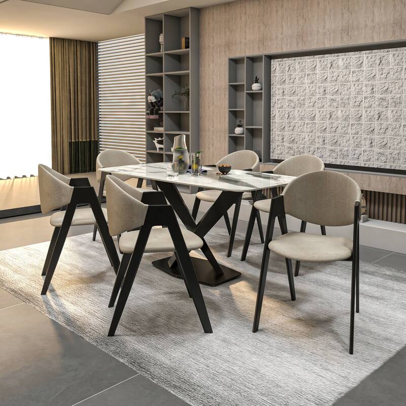 7-Piece Dining Set with 55-Inch Sintered Stone Dining Table and 6 Accent Arm Chairs