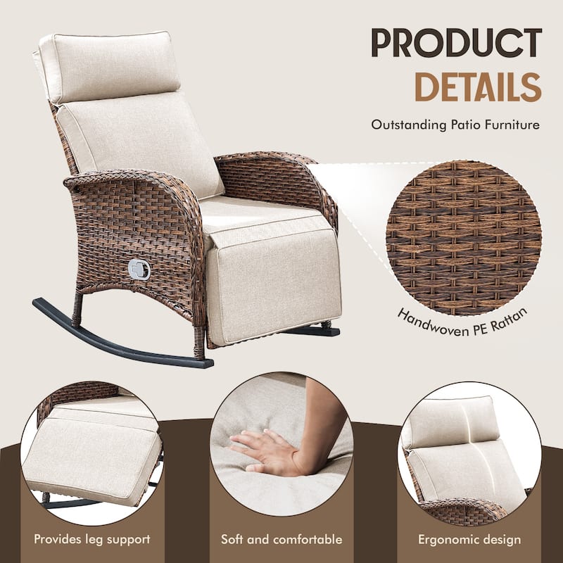 Meyreso Wicker Rocking Reclining Chaise Lounge with Adjustable Backrest & Footrest (2-Pack)