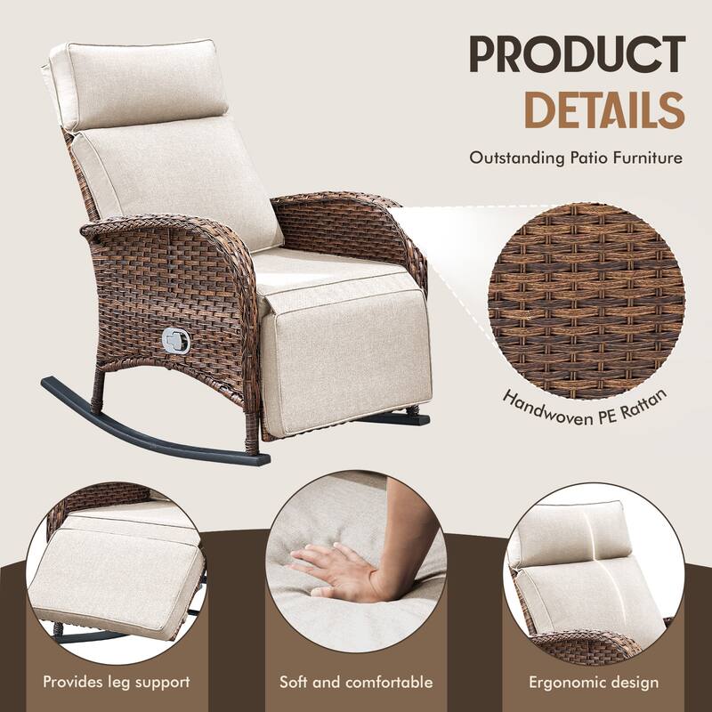 Meyreso Wicker Rocking Reclining Chaise Lounge with Adjustable Backrest & Footrest (4-Pack)