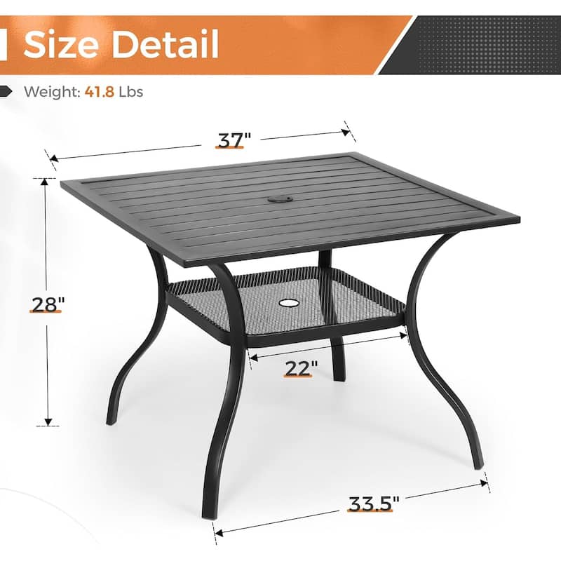 37" Black Square Rectangular Outdoor Patio Metal Steel Slatted Dining Table with Umbrella Hole
