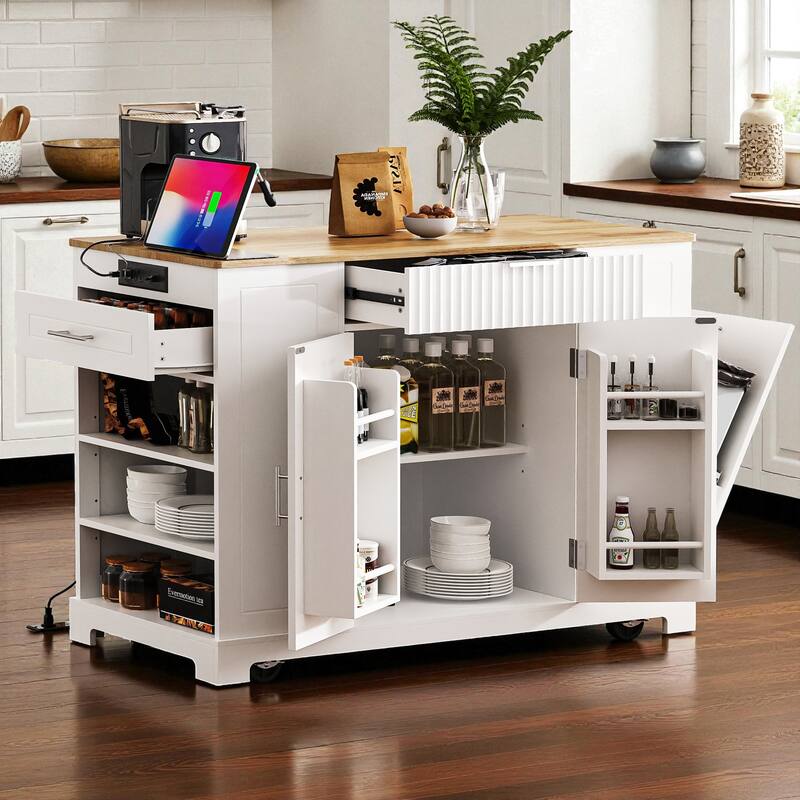 47" Fluted Kitchen Island with Trash Can Cabinet, Power Outlet, Rubber Wood Top, Rolling Storage Cart with Drawers & Side Racks - White