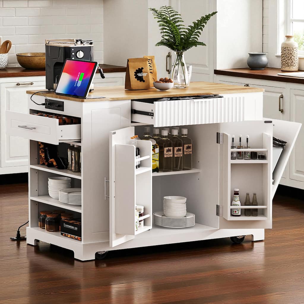 47" Fluted Kitchen Island with Trash Can Cabinet, Power Outlet, Rubber Wood Top, Rolling Storage Cart with Drawers & Side Racks