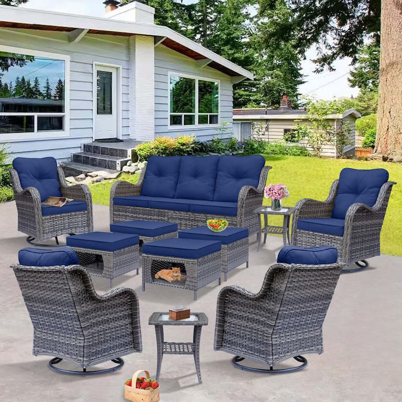 11 Piece Rattan Wicker Outdoor Patio Furniture with Swivel Chairs Set