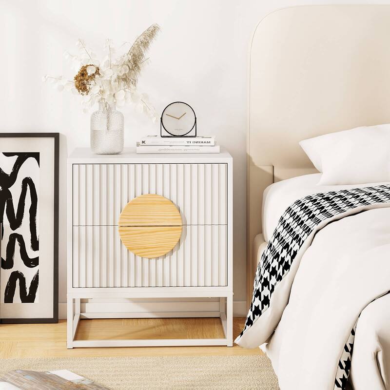 Costway 1/2 PCS Fluted Nightstand with 2 Drawers with Pine Wood