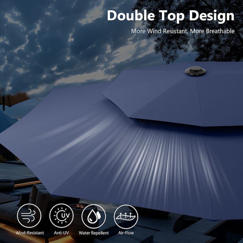 MAISON ARTS 13ft Double-Sided Outdoor Umbrella, 2-Tier Vented Market Umbrella with Colored Lights and Base
