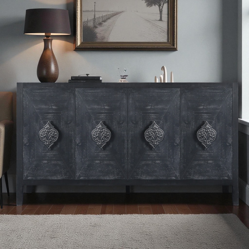 59.8" Antique 4-Door Sideboard Buffet Cabinet with Carved Flower Handles, Pine Veneer Storage Console for Living Room