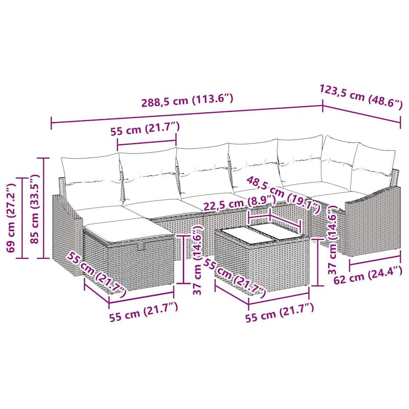 vidaXL 7/8 Garden Sofa Set with Cushions Black/Brown/Grey Poly Rattan - 113.6 x 48.6 x 27.2