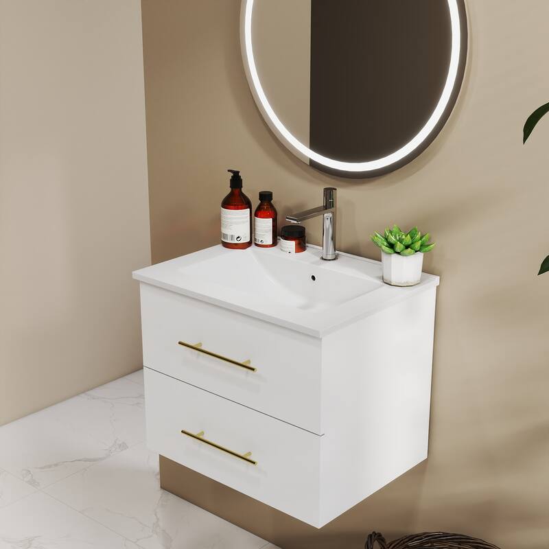 24-Inch Wall-Mounted Bathroom Vanity with Sink Combo,Double Drawers, Ceramic Basin, Easy Assemble,2 Storage Drawers
