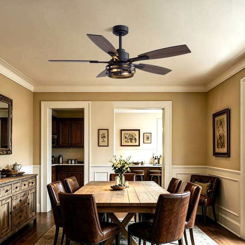 52Inch Farmhouse Black Caged Ceiling Fans With Light Modern Rustic Wood Grain Fandeliers For living room dining room - 52in.