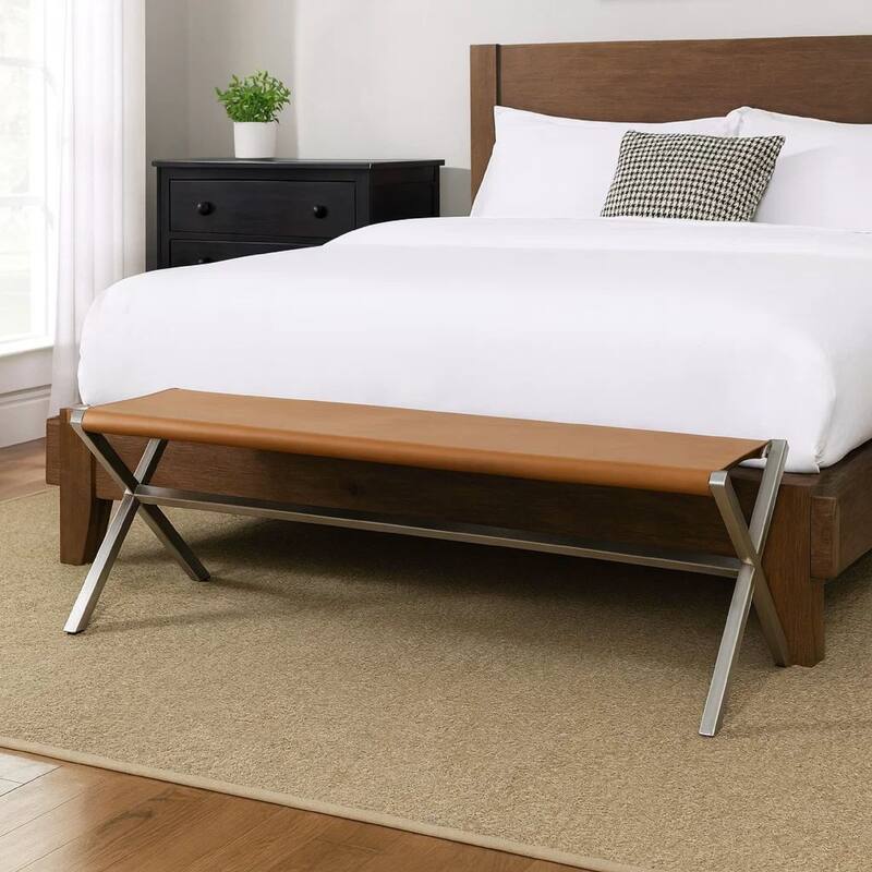 Rux 62 Inch Dining Bench, Faux Leather Seat, Steel Legs, Director Style