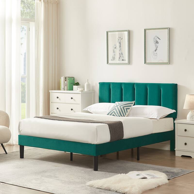 Javlergo Velvet Upholstered Platform Bed Frame with Adjustable Headboard