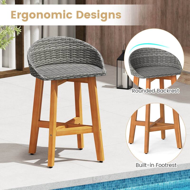 Costway Outdoor Faux Rattan Bar Chairs Set of 2/4 Solid Acacia Wood - See Details