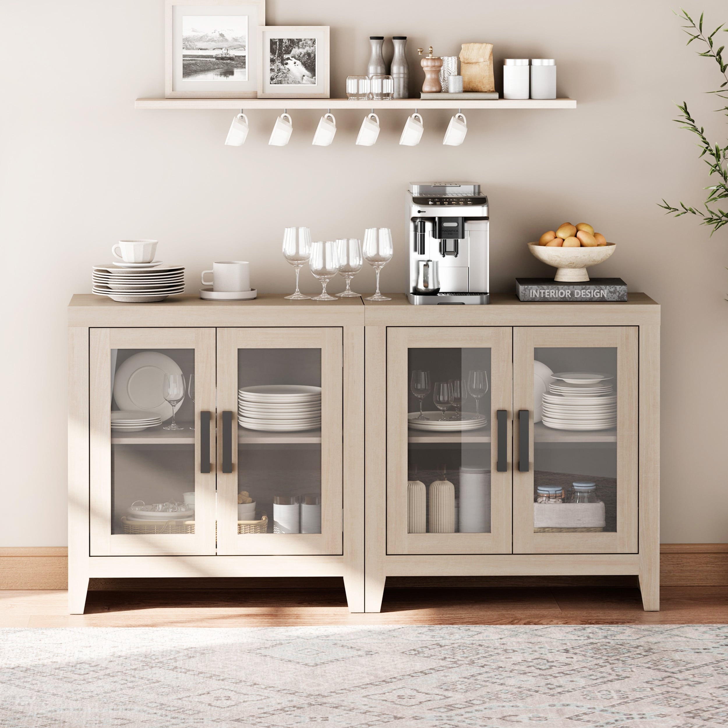 WAMPAT Modern Farmhouse Modular Buffet Cabinet, Glass Door Sideboard with Adjustable Shelves