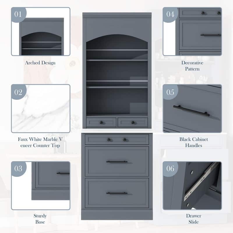 Modern 83.7-Inch Tall Kitchen Pantry with Faux Marble Top, Display Cabinet, 5 Drawers & Adjustable Shelf‌