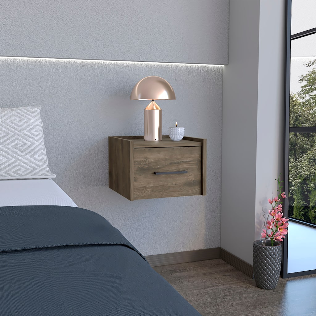 Space-Saving Floating Nightstand with Drawer, Dark Brown